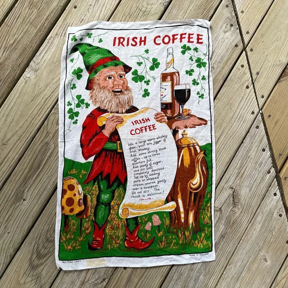 Vintage Leprechaun Irish Coffee Recipe Decorative Tea Towel